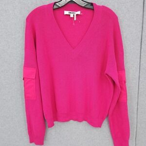 DKNY Cargo V Neck Long Sleeve Pocket Pink Pullover Sweater‎ Womens Size M